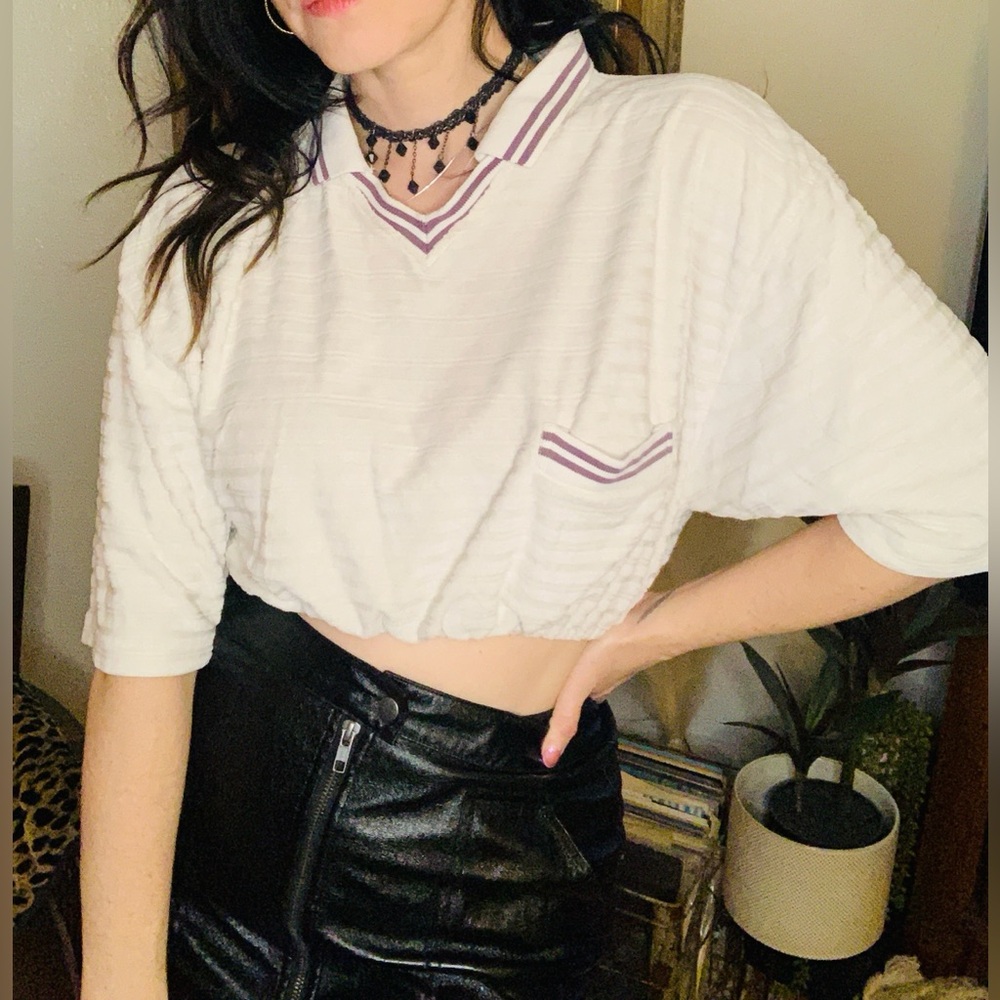 Vintage White Cropped Top with Maroon Accents